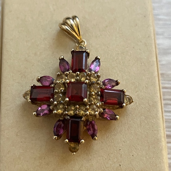 VINTAGE 10K SOLID Yellow Gold STAMPED Garnet Amethyst Citrine Pendant - Picture 3 of 9
